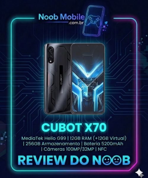 Cubot X70 é bom : Smartphone em exibição frontal e traseira dentro da moldura oficial do Review do Noob Mobile, destacando as especificações de 24GB RAM e processador Helio G99.