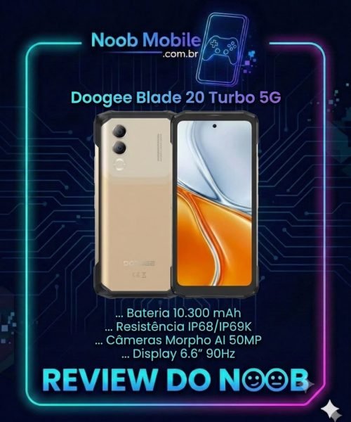 Smartphone robusto Doogee Blade 20 Turbo 5G na cor dourada, exibindo design resistente com certificação militar, acompanhado do selo Review do Noob com especificações técnicas. O Doogee Blade 20 Turbo 5G é bom para trabalho pesado e jogos.