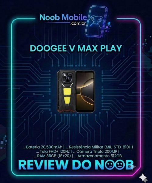 Imagem frontal e traseira do celular indestrutível Doogee V Max Play, mostrando o módulo de câmeras, o projetor integrado e a tela de alta fluidez. Confira se o Doogee V Max Play é bom para uso extremo.