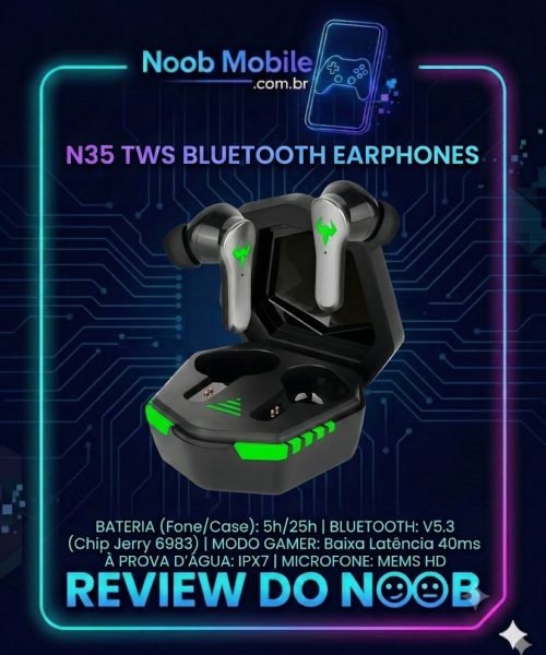 Fone bluetooh n35 tws é bom? Close mostrando os fones com LEDs verdes e a case aberta dentro da moldura de análises do Noob Mobile.