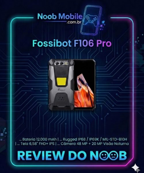 Imagem de review mostrando o celular Fossibot F106 Pro, um robusto com super lanterna e visão noturna, para tirar a dúvida se o Fossibot F106 Pro é bom.