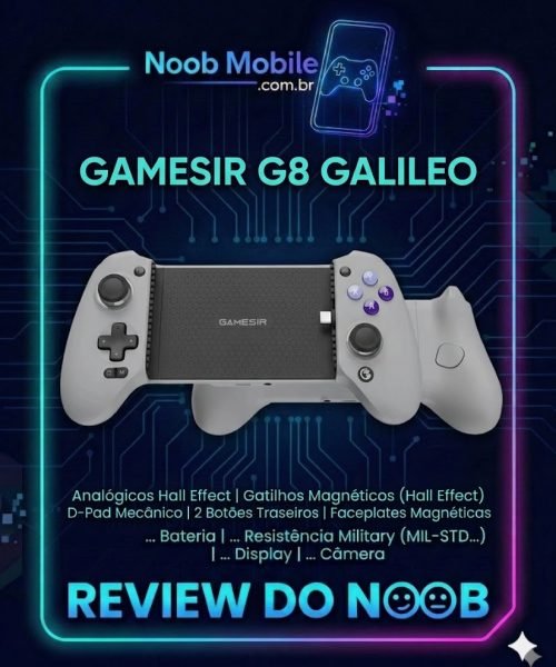 GameSir G8 Galileo é bom: capa oficial do Noob Mobile destacando o controle com Hall Effect, gatilhos magnéticos e design ergonômico cinza.