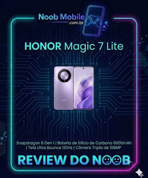 Smartphone Honor Magic 7 Lite roxo em destaque na capa do Noob Mobile. Este matador de topos de linha possui 512GB e bateria de 6600mAh. Honor Magic 7 Lite é bom e um dos mais resistentes do Brasil.