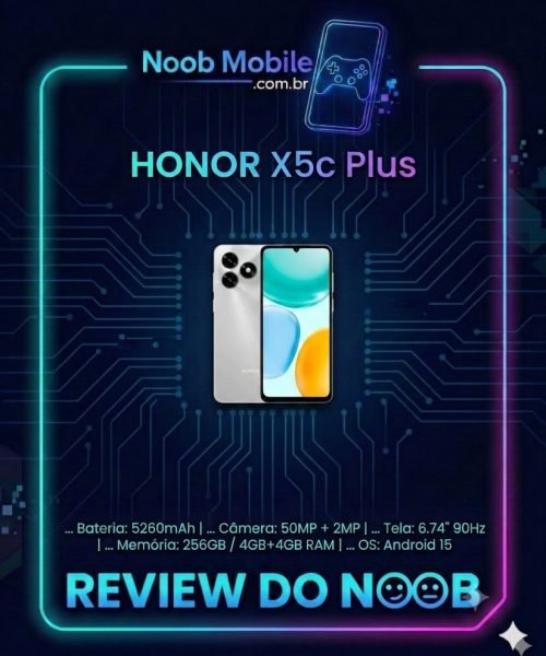 Imagem oficial com especificações técnicas e design frontal e traseiro provando que o HONOR X5c Plus é bom e vale o investimento.