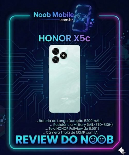 Honor X5c é bom? Smartphone verde em moldura de review do site Noob Mobile com especificações técnicas de bateria e resistência.