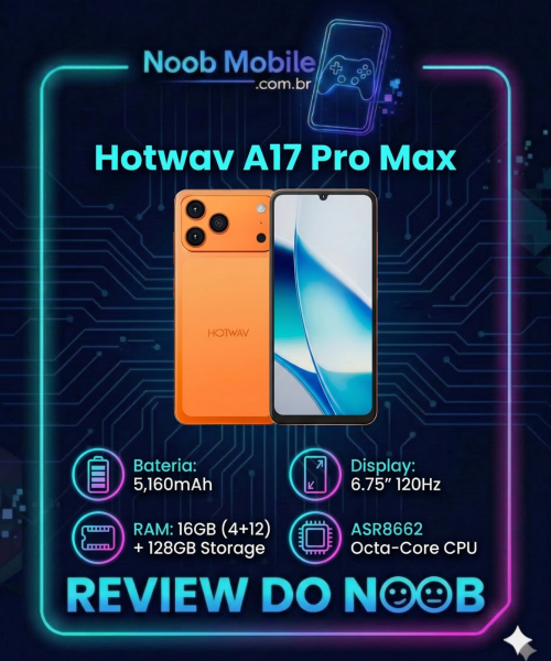 Infográfico do review Hotwav A17 Pro Max na cor laranja vale a pena mostrando a frente e o verso do aparelho com destaque para a ficha técnica: bateria de 5.160mAh, tela de 120Hz e processador Octa-Core.