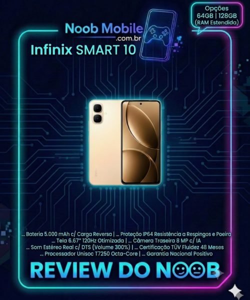 Smartphone Infinix Smart 10 em destaque na moldura de review do Noob Mobile, confirmando se o Infinix Smart 10 é bom para o dia a dia.