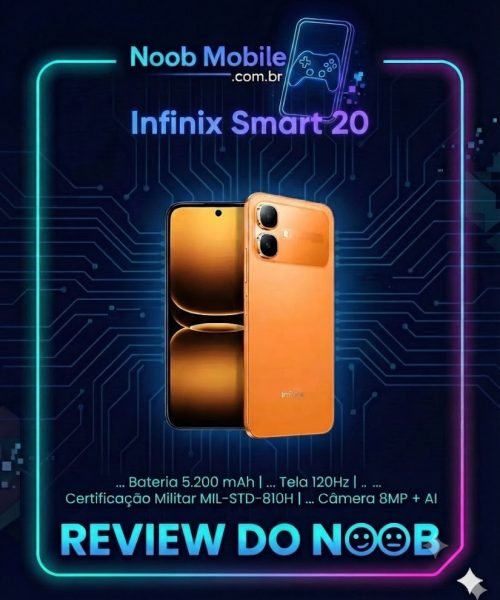 Smartphone Infinix Smart 20 cor laranja exibido em arte promocional do Noob Mobile, ideal para conferir se o Infinix Smart 20 é bom e conhecer suas especificações técnicas como bateria e tela 120Hz.