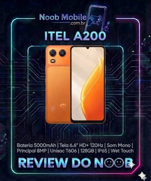 Card promocional do Noob Mobile destacando o smartphone Itel A200 em cor laranja com especifica&ccedil;&otilde;es t&eacute;cnicas e o selo "Review do Noob". Saiba se o Itel A200 &eacute; bom para o uso di&aacute;rio.