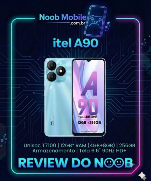 Smartphone itel A90 na cor azul, um matador de topos de linha de entrada. Será que o itel A90 é bom? Confira os detalhes de 256GB e 12GB de RAM.