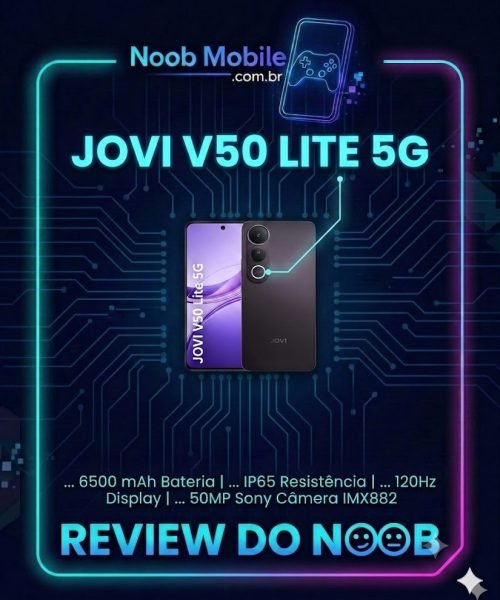 Smartphone Jovi V50 Lite 5G na cor preta, destaque para o design ergonômico e sistema de câmeras. Descubra por que o Jovi V50 Lite 5G é bom para o uso diário com sua bateria de 6500mAh e garantia de 2 anos.