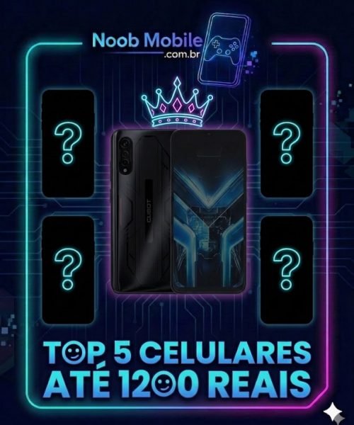 Infogr&aacute;fico do Noob Mobile destacando os melhores celulares at&eacute; 1200 reais de 2026, com o Cubot X70 centralizado sob uma coroa e silhuetas misteriosas com pontos de interroga&ccedil;&atilde;o.