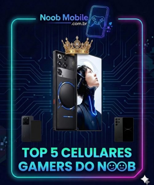 Melhores celulares gamers 2026: Top 5 do Noob Mobile com RedMagic 11 Pro coroado como rei e silhuetas de smartphones gamer no fundo.