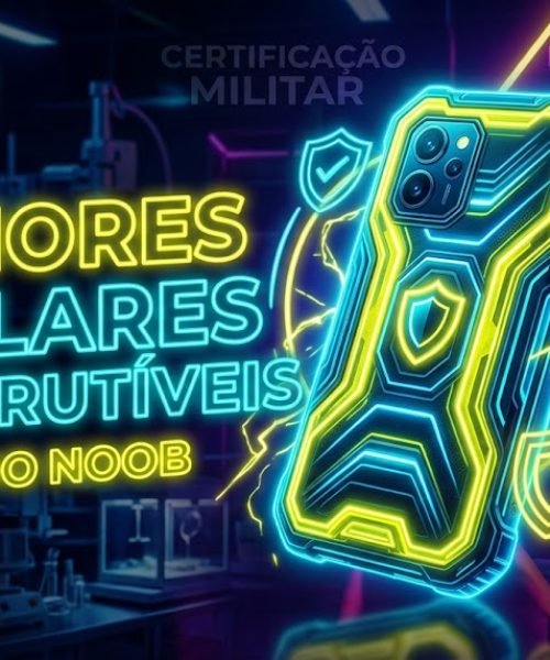 Infográfico em neon destacando os melhores celulares indestrutíveis 2026 com o logo Noob Mobile e selos de certificação militar IP69K.