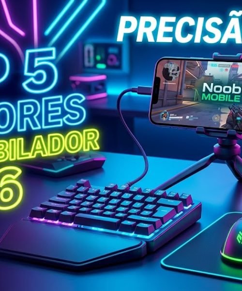 Setup gamer mobilador em estilo neon com teclado one-hand e mouse RGB para celular, exibindo o ranking melhores kits mobilador 2026 do Noob Mobile.