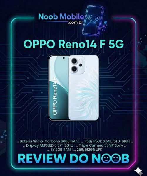 OPPO Reno 14F vale a pena em 2026: capa oficial do Noob Mobile mostrando o design Mermaid, bateria de 6000mAh e câmera Sony.