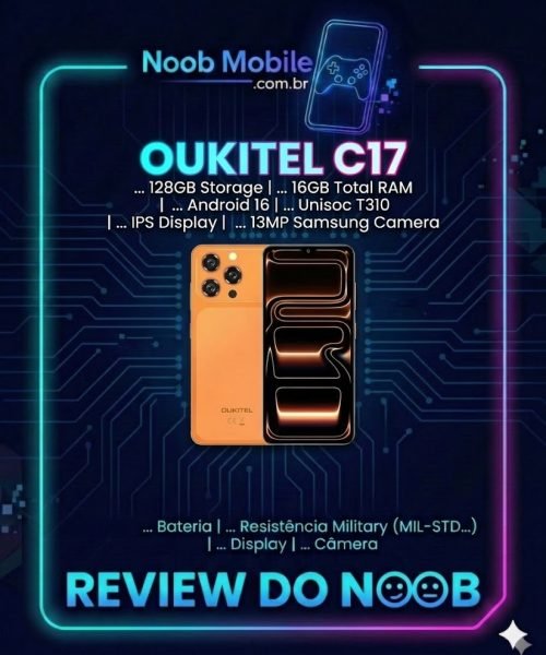 Oukitel C17 é Bom? Celular Sabor Iphone 17 na cor laranja com interface Android 16 e moldura Review do Noob Mobile.