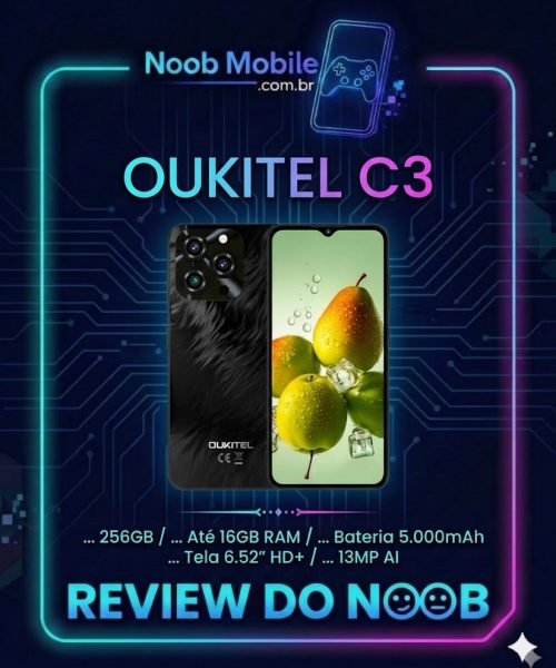 Oukitel C3 é Bom? Celular preto com tela ligada exibindo frutas, montado sobre moldura tecnológica do site Noob Mobile com selo de Review do Noob.