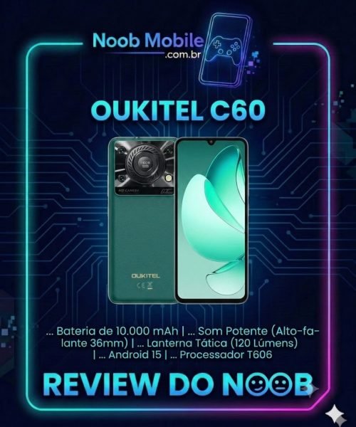 Capa oficial do Review do Noob Mobile com render do Oukitel C60 (frente e verso) e destaques de bateria de 10.000 mAh e som potente, confirmando que o Oukitel C60 é bom.