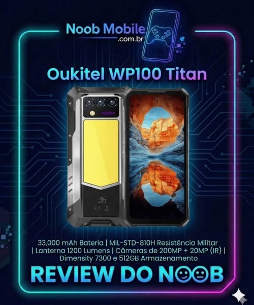 Smartphone robusto Oukitel WP100 Titan em fundo de tecnologia com review Noob Mobile. O Oukitel WP100 Titan é bom para quem busca bateria de 33.000 mAh e projetor integrado.