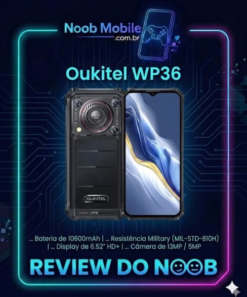 Oukitel WP36 é bom para quem busca resistência militar e som potente de 128dB; visão frontal e traseira do aparelho robusto com bateria de 10.600 mAh.