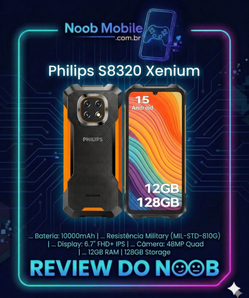 smartphone robusto Philips S8320 Xenium é bom? Infográfico mostrando a tela e a traseira laranja. Inclui texto detalhado das especificações técnicas como bateria de 10.000mAh e certificação militar, com o selo Review do Noob.