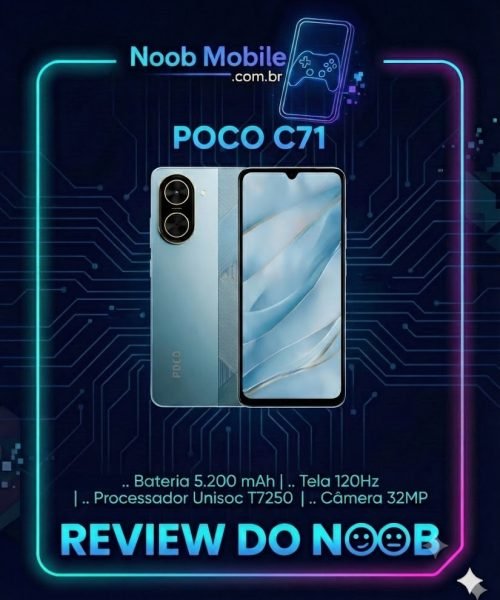 Smartphone POCO C71 na cor azul com acabamento texturizado, exibindo a tela frontal e a traseira; descubra se o POCO C71 é bom para o seu dia a dia.