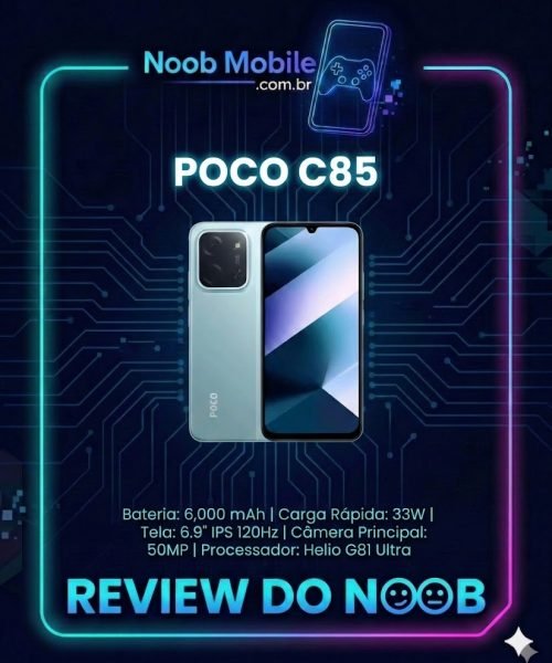 Smartphone POCO C85 exibindo tela de 6,9 polegadas e design moderno, revelando se o POCO C85 vale a pena para uso diário.