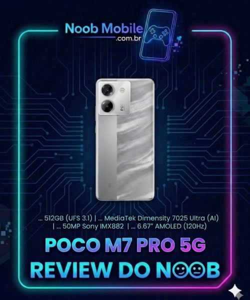 Infográfico detalhando se o Poco M7 Pro vale a pena em 2026, apresentando o design do smartphone e as especificações técnicas de 512GB e câmera Sony.
