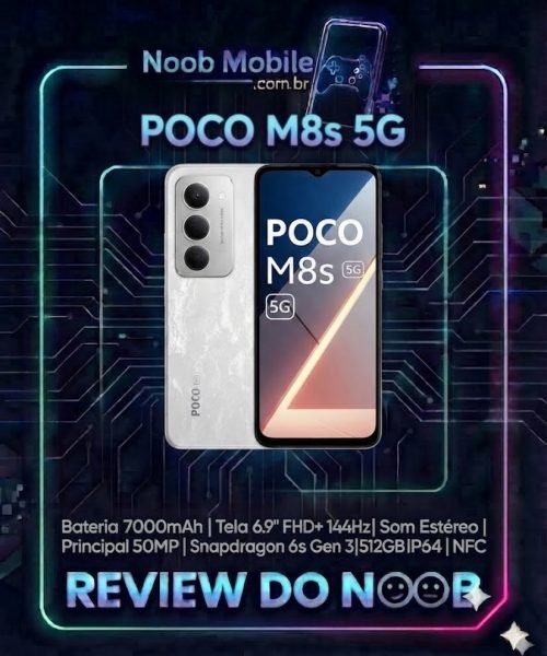 Smartphone POCO M8S 5G em destaque mostrando design frontal e traseiro, ideal para quem pesquisa se o Poco M8S &eacute; bom e vale a pena.