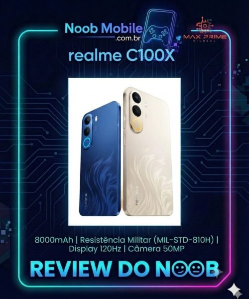 Realme C100X é bom? Review completo da bateria de 8000mAh e resistência militar do celular no Noob Mobile.