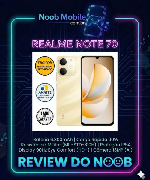 Smartphone Realme Note 70 dourado em destaque na imagem do Noob Mobile, mostrando construção resistente e provando por que o Realme Note 70 vale a pena.
