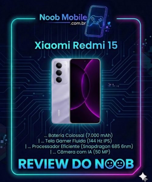 Redmi 15 é bom na imagem oficial do Review do Noob com o smartphone em Sandy Purple, destacando a bateria colossal de 7.000 mAh e a tela gamer de 144Hz.