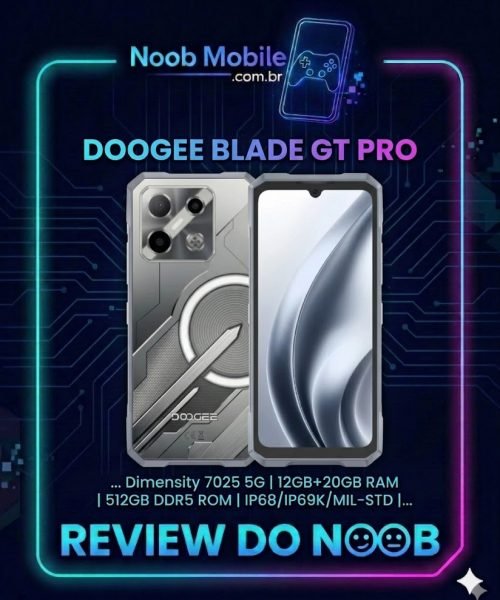 Doogee Blade GT Pro é Bom? Smartphone robusto com chassi cinza mostrando a frente e a traseira transparente com leds dentro da moldura oficial do site Noob Mobile.