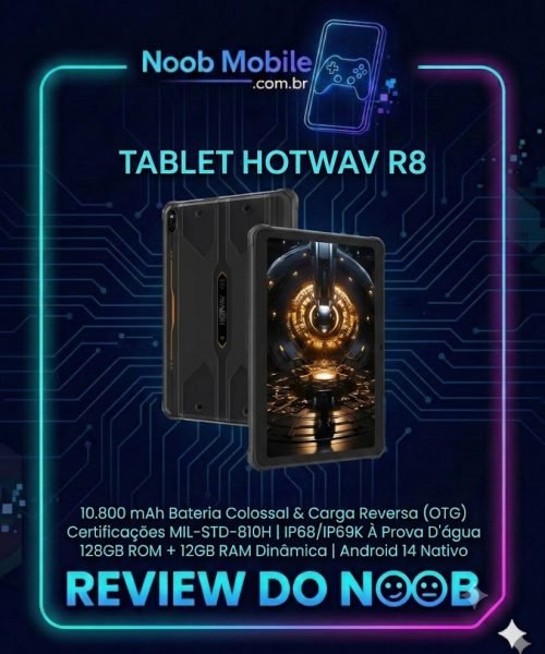 Banner oficial com a moldura do Noob Mobile mostrando as especificações técnicas e comprovando se o tablet hotwav r8 é bom para trabalho e uso outdoor.
