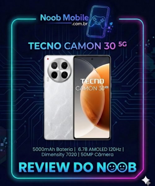 Smartphone Tecno Camon 30 5G exibido em moldura do site Noob Mobile, destacando seu design moderno e especificações técnicas para saber se o Tecno Camon 30 5G é bom.