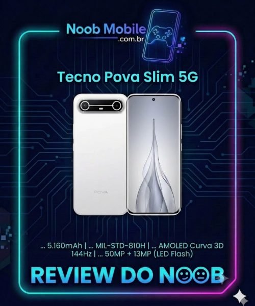 Design do Tecno Pova Slim 5G, o celular mais fino do mundo com proteção militar, exibindo suas especificações de topo para provar por que o Tecno Pova Slim é Bom.