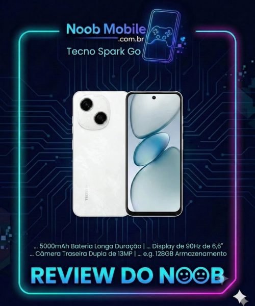 O infográfico do Noob Mobile mostra por que o celular Tecno Spark Go 1 é bom, destacando bateria de 5000mAh, display de 90Hz e câmera dupla.