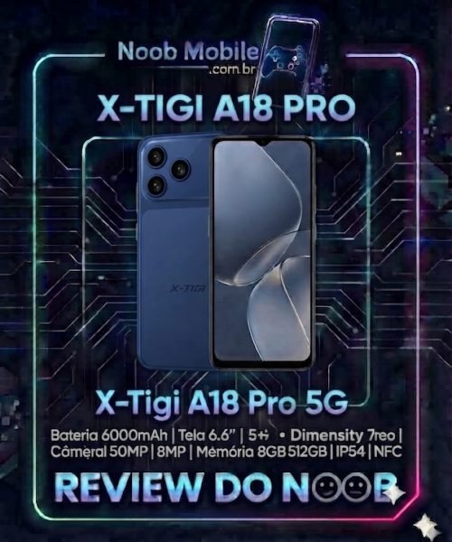 Banner de review destacando se o X-Tigi A18 Pro &eacute; bom, mostrando o design traseiro em cor laranja e os principais recursos de desempenho do aparelho.