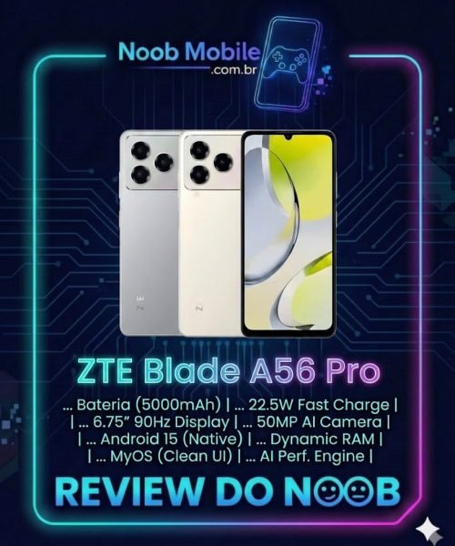 ZTE Blade A56 Pro é bom, em três cores dentro da moldura oficial de review do site Noob Mobile.